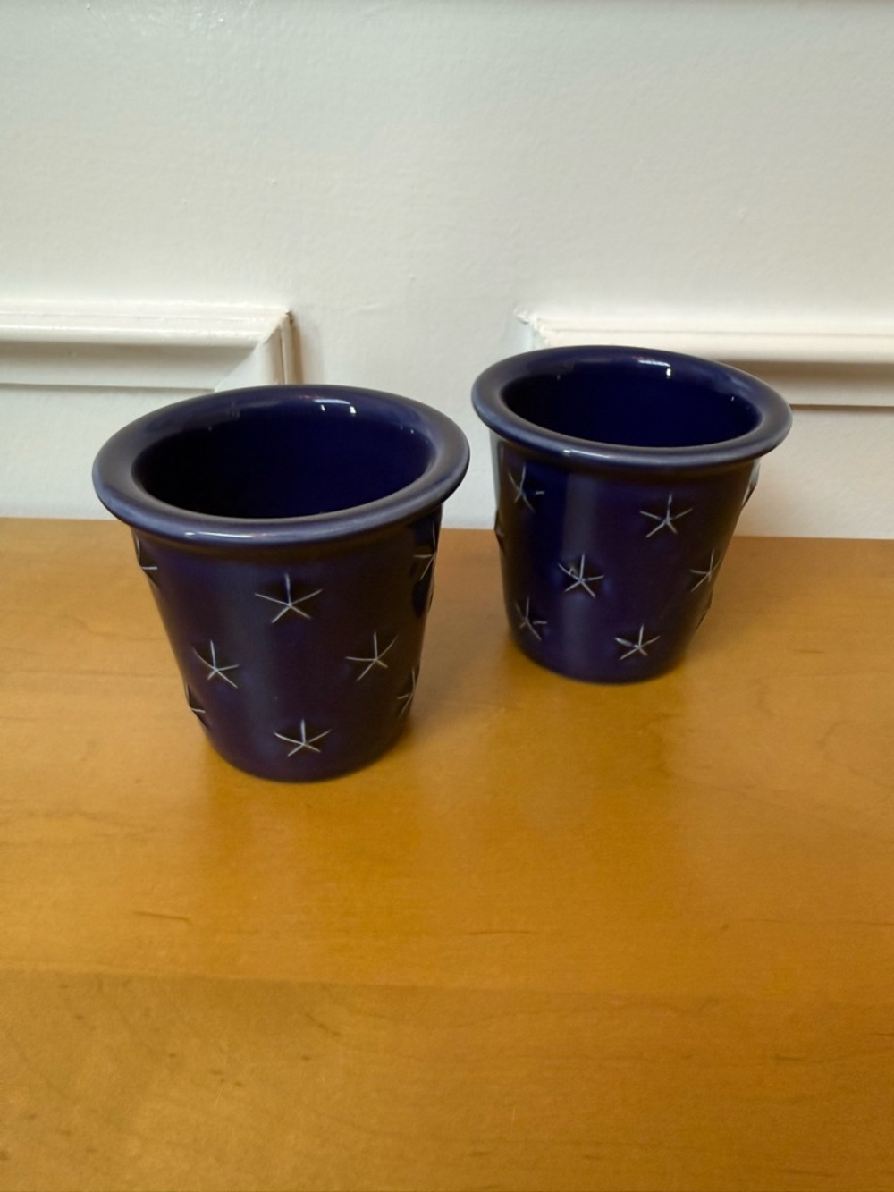 Longaberger Pair of Navy Blue Star Ceramic Candle Holders